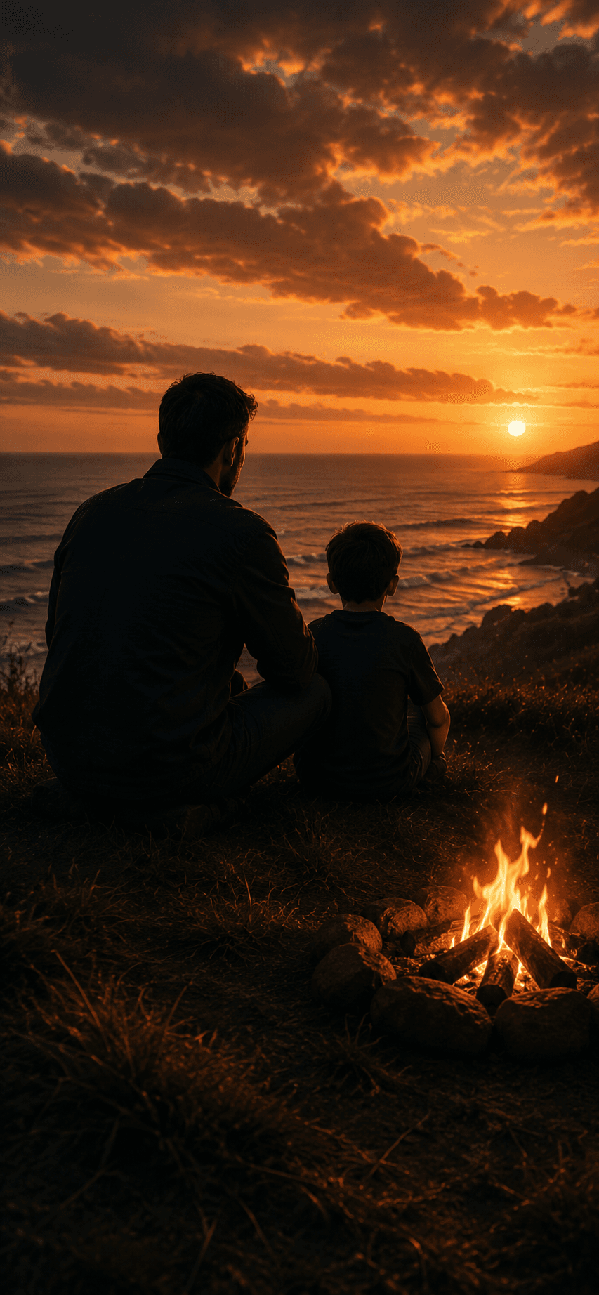 A father and child sit together at the coast at golden hour